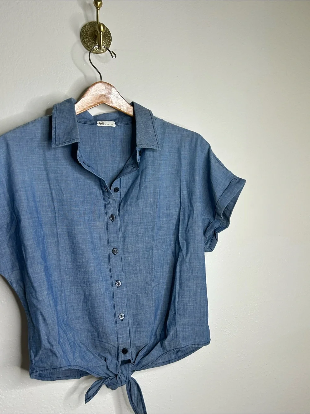 AG 100% Cotton Denim Chambray Button Down Tie Front Short Sleeve Boxy Blouse Top
